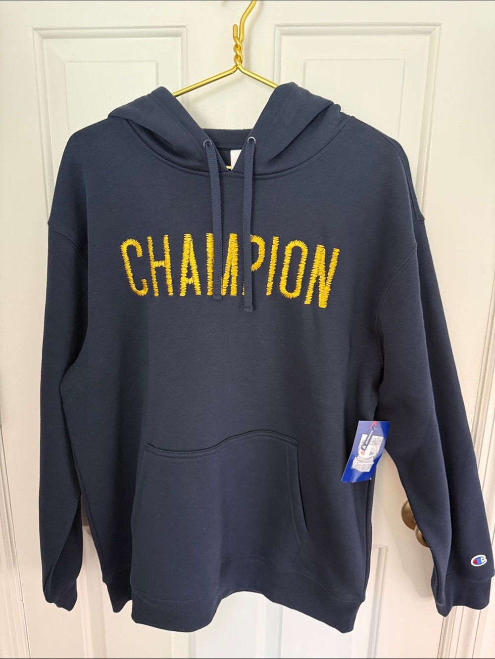 NEW Champion Navy Pullover with Yellow/Gold Chenille Logo